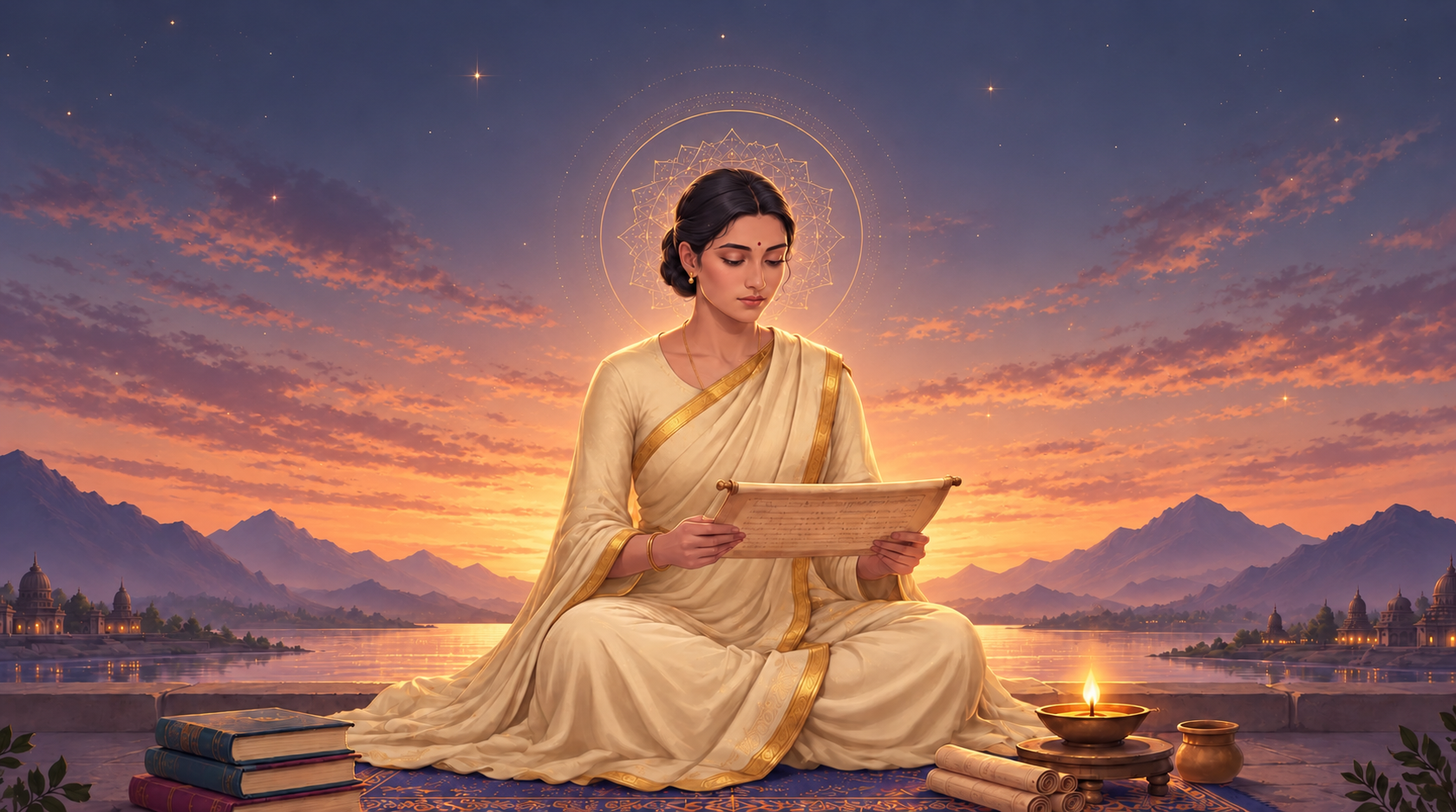 Illustrated depiction of the Vedic seer Lopamudra reading a palm-leaf manuscript